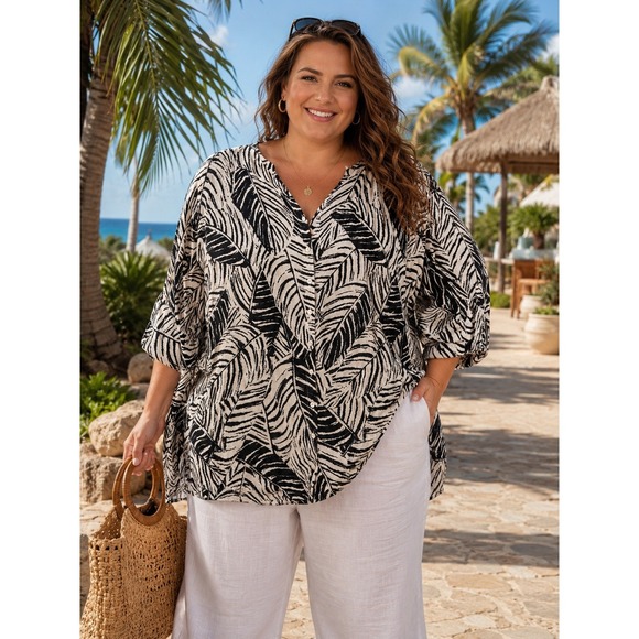 Cynthia Rowley Tops - Cynthia Rowley Womens 3X Black White Linen Tropical Palm Leaf Button Tunic Top